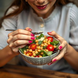 A woman elegantly eating a chickpea salad, focusing on her hands and the bowl