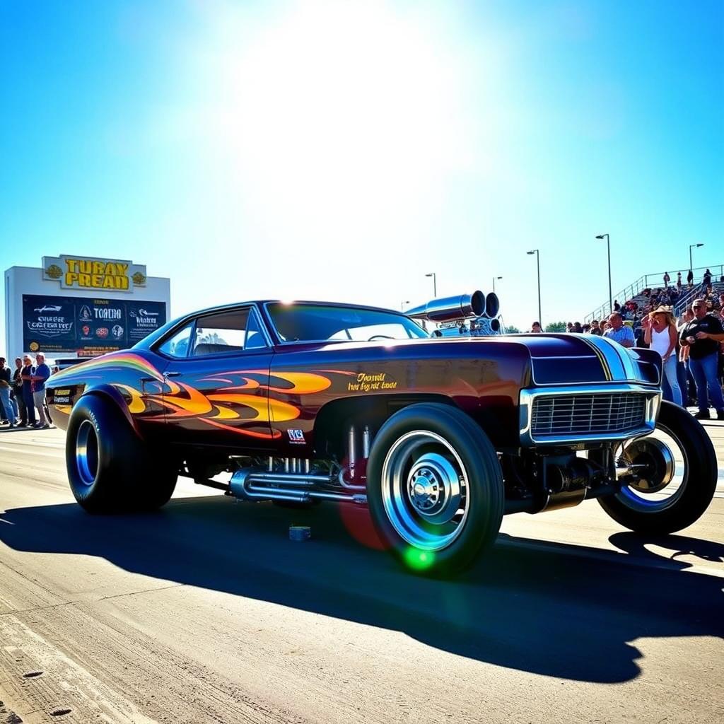 A classic drag car embodying the raw power and nostalgia of vintage race cars, parked at a drag strip under the bright sun