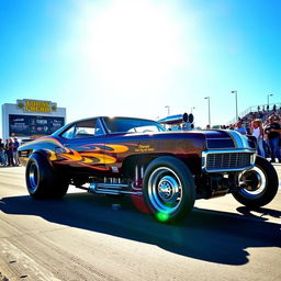 A classic drag car embodying the raw power and nostalgia of vintage race cars, parked at a drag strip under the bright sun