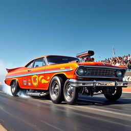 A classic drag car embodying the raw power and nostalgia of vintage race cars, parked at a drag strip under the bright sun