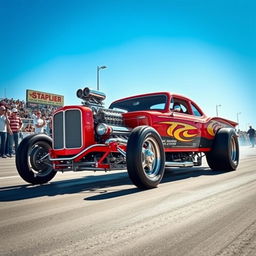 A classic drag car embodying the raw power and nostalgia of vintage race cars, parked at a drag strip under the bright sun