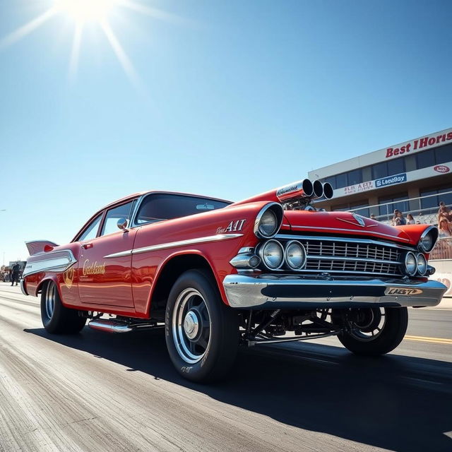 A classic drag car embodying the raw power and nostalgia of vintage race cars, parked at a drag strip under the bright sun