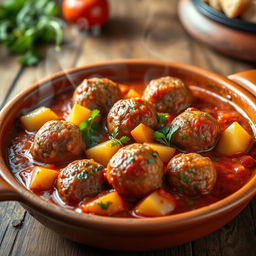 A vibrant and appetizing image of a traditional guisado de patatas y albóndigas