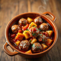 A vibrant and appetizing image of a traditional guisado de patatas y albóndigas