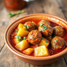 A vibrant and appetizing image of a traditional guisado de patatas y albóndigas