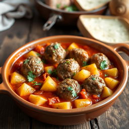 A vibrant and appetizing image of a traditional guisado de patatas y albóndigas
