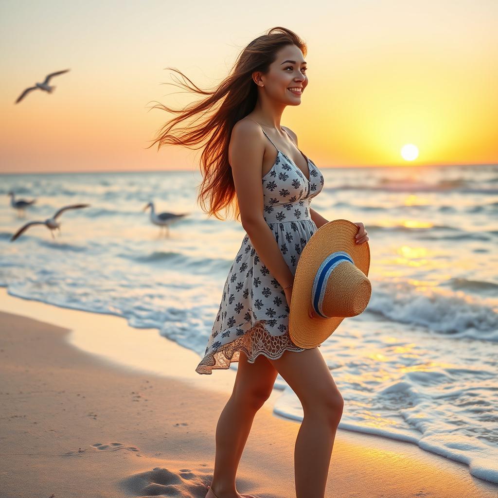 a young woman enjoying a beautiful day at the beach, wearing a stylish summer dress and sandals