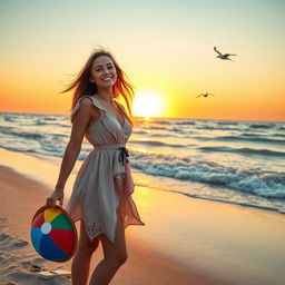 a young woman enjoying a beautiful day at the beach, wearing a stylish summer dress and sandals