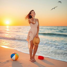 a young woman enjoying a beautiful day at the beach, wearing a stylish summer dress and sandals