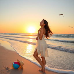 a young woman enjoying a beautiful day at the beach, wearing a stylish summer dress and sandals