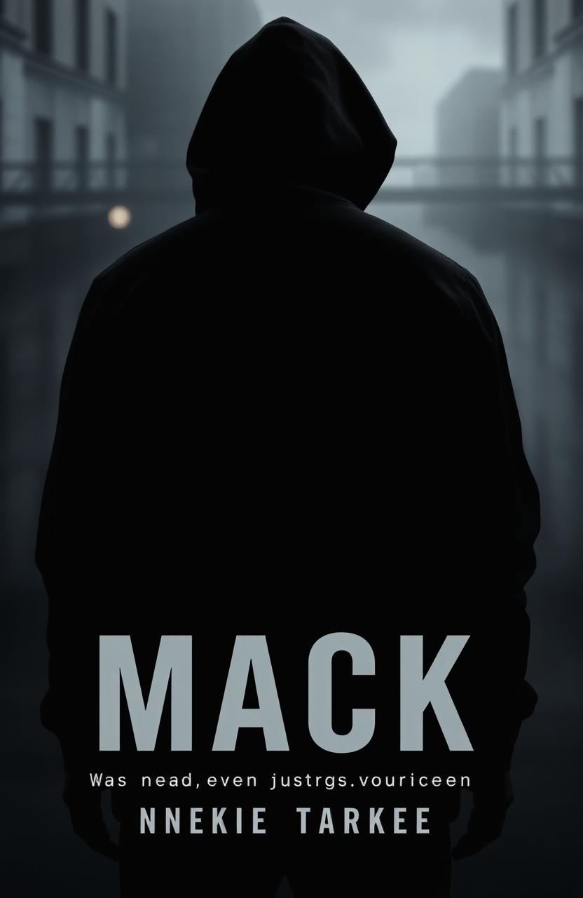 Vague, simple, minimalist dark book cover design featuring the back view of a man in a hoodie