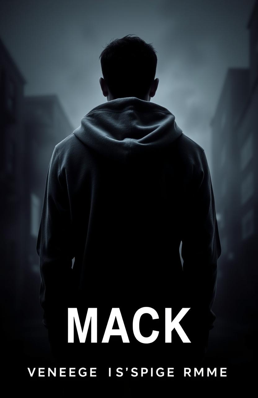 Vague, simple, minimalist dark book cover design featuring the back view of a man in a hoodie