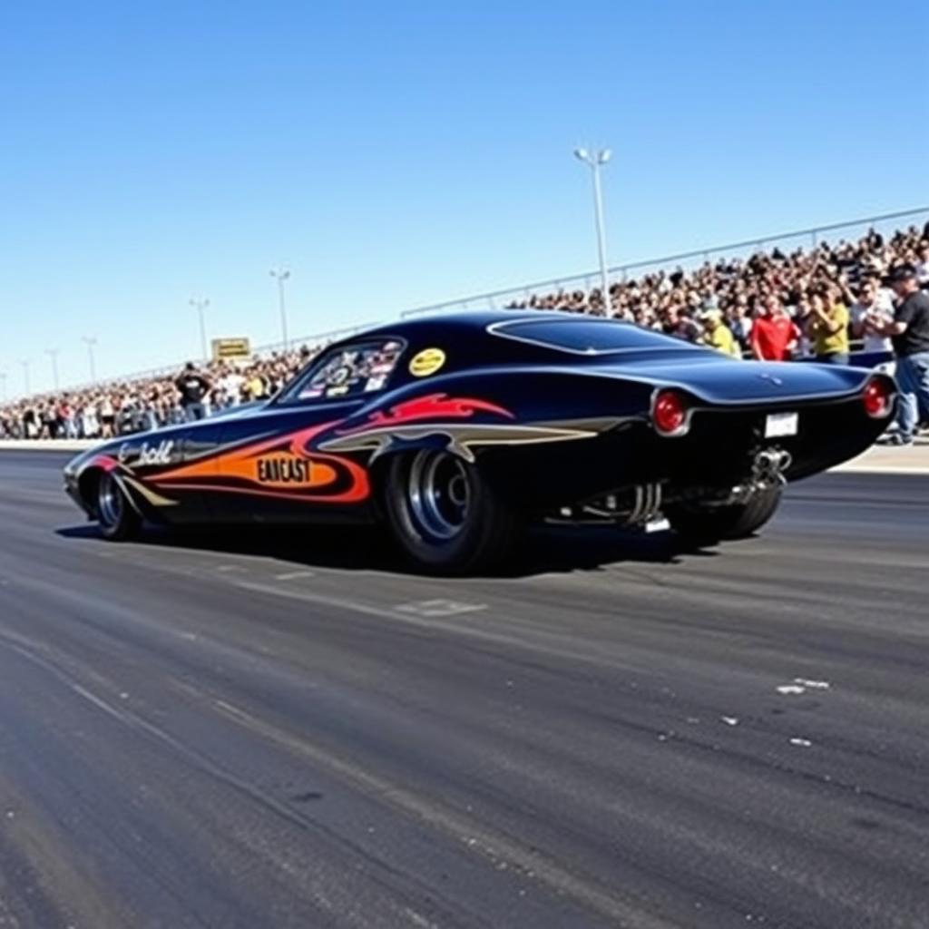 A classic streamlined drag car exuding elegance and speed, parked at a drag strip ready to race