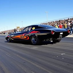 A classic streamlined drag car exuding elegance and speed, parked at a drag strip ready to race