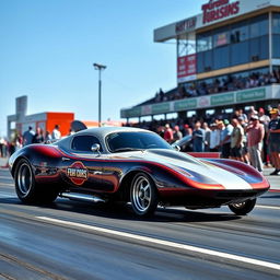 A classic streamlined drag car exuding elegance and speed, parked at a drag strip ready to race