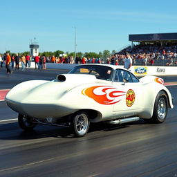 A classic streamlined drag car exuding elegance and speed, parked at a drag strip ready to race