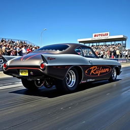 A classic streamlined drag car exuding elegance and speed, parked at a drag strip ready to race