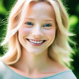 Generate a high-resolution portrait of a joyful individual with white skin, blond hair, and green eyes, under natural lighting. The background should subtly enhance the subject without distracting focus.