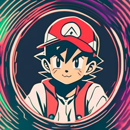 Retro anime profile of Ash Ketchum glitching within a cool circle border.