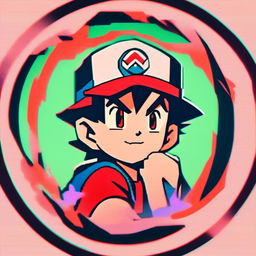 Retro anime profile of Ash Ketchum glitching within a cool circle border.