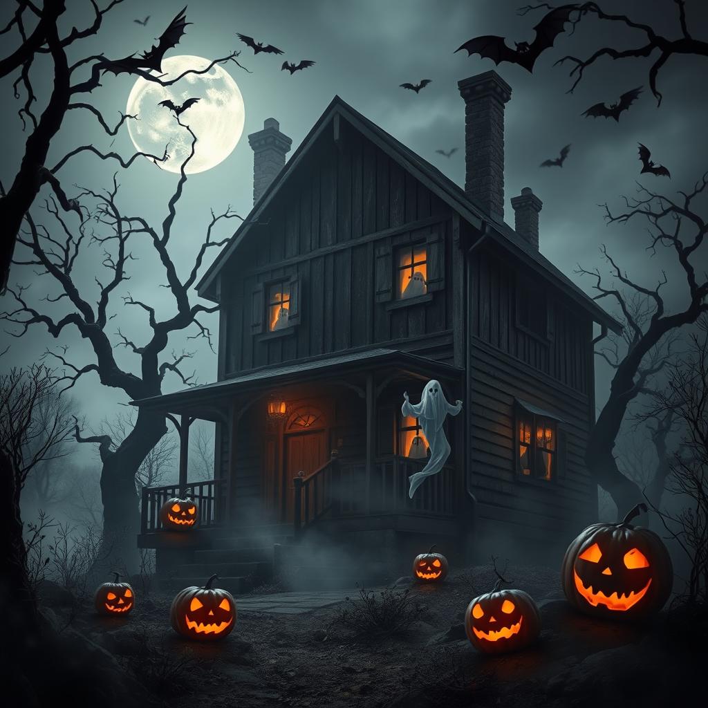 An eerie Halloween scene featuring a haunted house with creaky wooden panels, surrounded by twisted, spooky trees casting shadows under a full moon