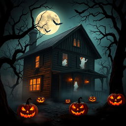 An eerie Halloween scene featuring a haunted house with creaky wooden panels, surrounded by twisted, spooky trees casting shadows under a full moon