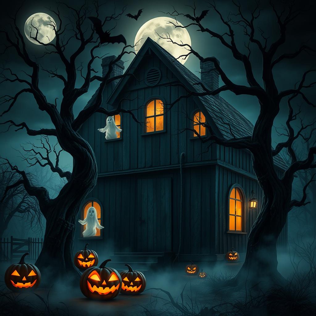 An eerie Halloween scene featuring a haunted house with creaky wooden panels, surrounded by twisted, spooky trees casting shadows under a full moon