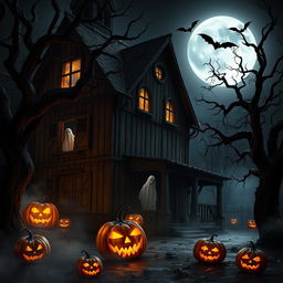 An eerie Halloween scene featuring a haunted house with creaky wooden panels, surrounded by twisted, spooky trees casting shadows under a full moon