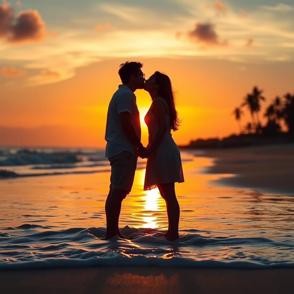 Two people standing closely on a beach, about to kiss, with the warm, golden hues of a sunset reflecting on the water and sand