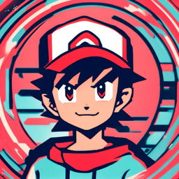 Retro anime profile of Ash Ketchum glitching within a cool circle border.
