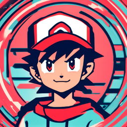 Retro anime profile of Ash Ketchum glitching within a cool circle border.