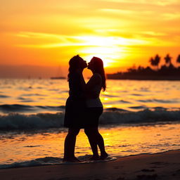 Two people standing closely on a beach, about to kiss, with the warm, golden hues of a sunset reflecting on the water and sand