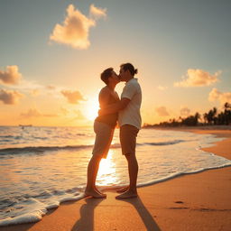 Two people standing closely on a beach, about to kiss, with the warm, golden hues of a sunset reflecting on the water and sand