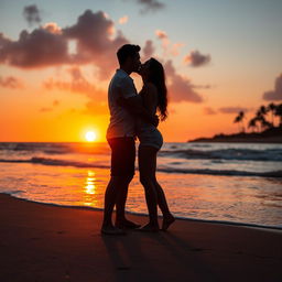 Two people standing closely on a beach, about to kiss, with the warm, golden hues of a sunset reflecting on the water and sand