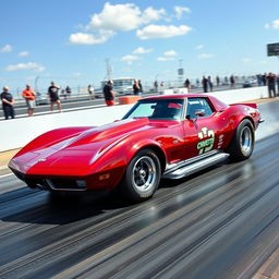 A streamlined Chevrolet Corvette drag car, embodying speed and precision at a drag strip