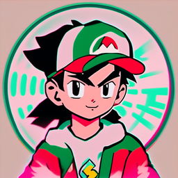 Retro anime profile of Ash Ketchum glitching within a cool circle border.