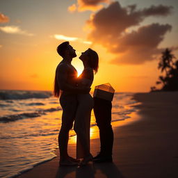 A tall, handsome, muscular man and a medium-height, beautiful woman standing closely on a beach, about to kiss