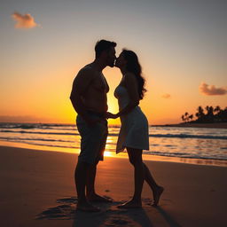 A tall, handsome, muscular man and a medium-height, beautiful woman standing closely on a beach, about to kiss