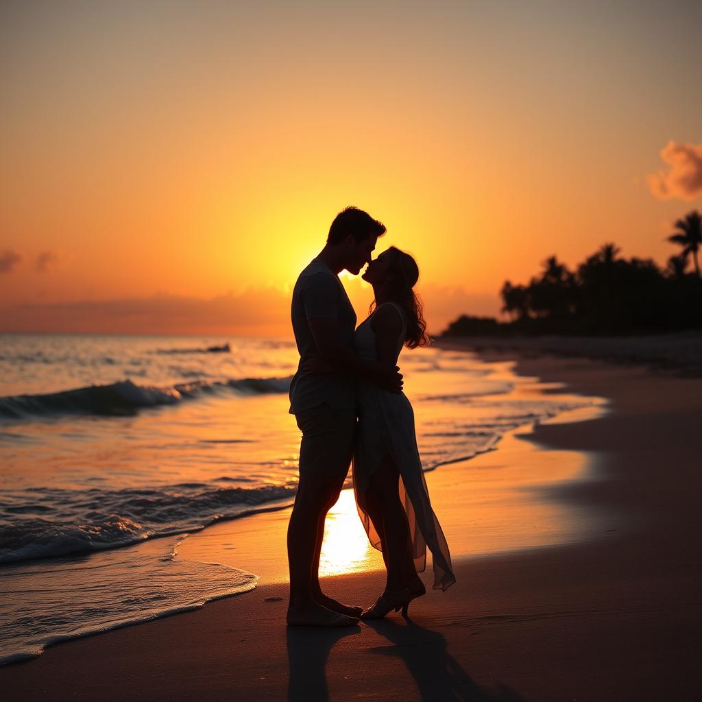 A tall, handsome, muscular man and a medium-height, beautiful woman standing closely on a beach, about to kiss