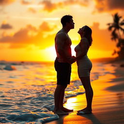 A tall, handsome, muscular man and a medium-height, beautiful woman standing closely on a beach, about to kiss