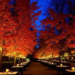 A serene nighttime autumn scene featuring a row of elegantly set tables under a canopy of vibrant autumn leaves