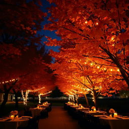 A serene nighttime autumn scene featuring a row of elegantly set tables under a canopy of vibrant autumn leaves