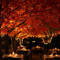 A serene nighttime autumn scene featuring a row of elegantly set tables under a canopy of vibrant autumn leaves