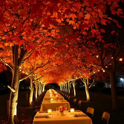 A serene nighttime autumn scene featuring a row of elegantly set tables under a canopy of vibrant autumn leaves