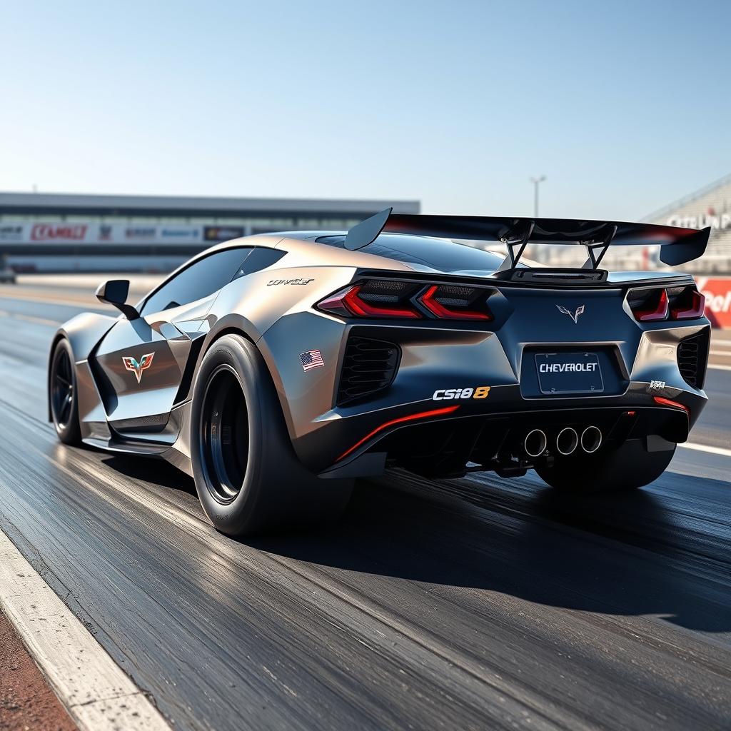 A Chevrolet Corvette C8 transformed into a streamlined drag car, showcased on a drag strip