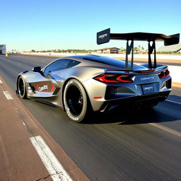 A Chevrolet Corvette C8 transformed into a streamlined drag car, showcased on a drag strip