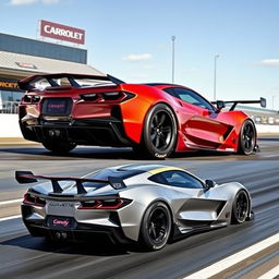 A Chevrolet Corvette C8 transformed into a streamlined drag car, showcased on a drag strip