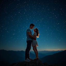 A tall, handsome, muscular man and a medium-height, beautiful woman standing closely on a mountain peak, about to kiss