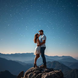 A tall, handsome, muscular man and a medium-height, beautiful woman standing closely on a mountain peak, about to kiss