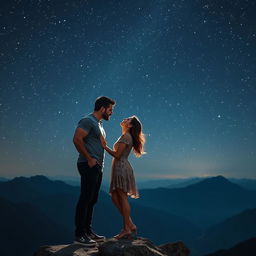 A tall, handsome, muscular man and a medium-height, beautiful woman standing closely on a mountain peak, about to kiss